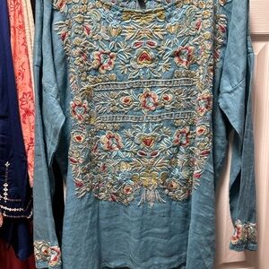 Johnny Was Teal Embroidered Tunic